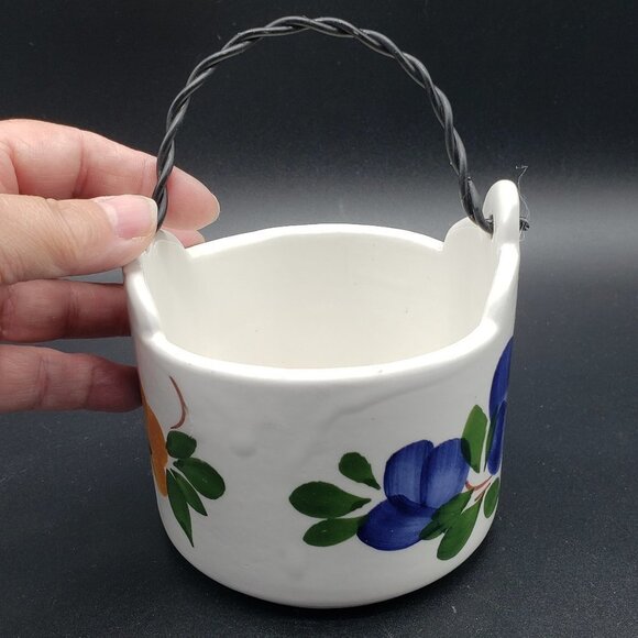 Italian Decorato A Mano Zoppola Friûl Floral Ceramic Metal Handle Basket Planter - Picture 8 of 9